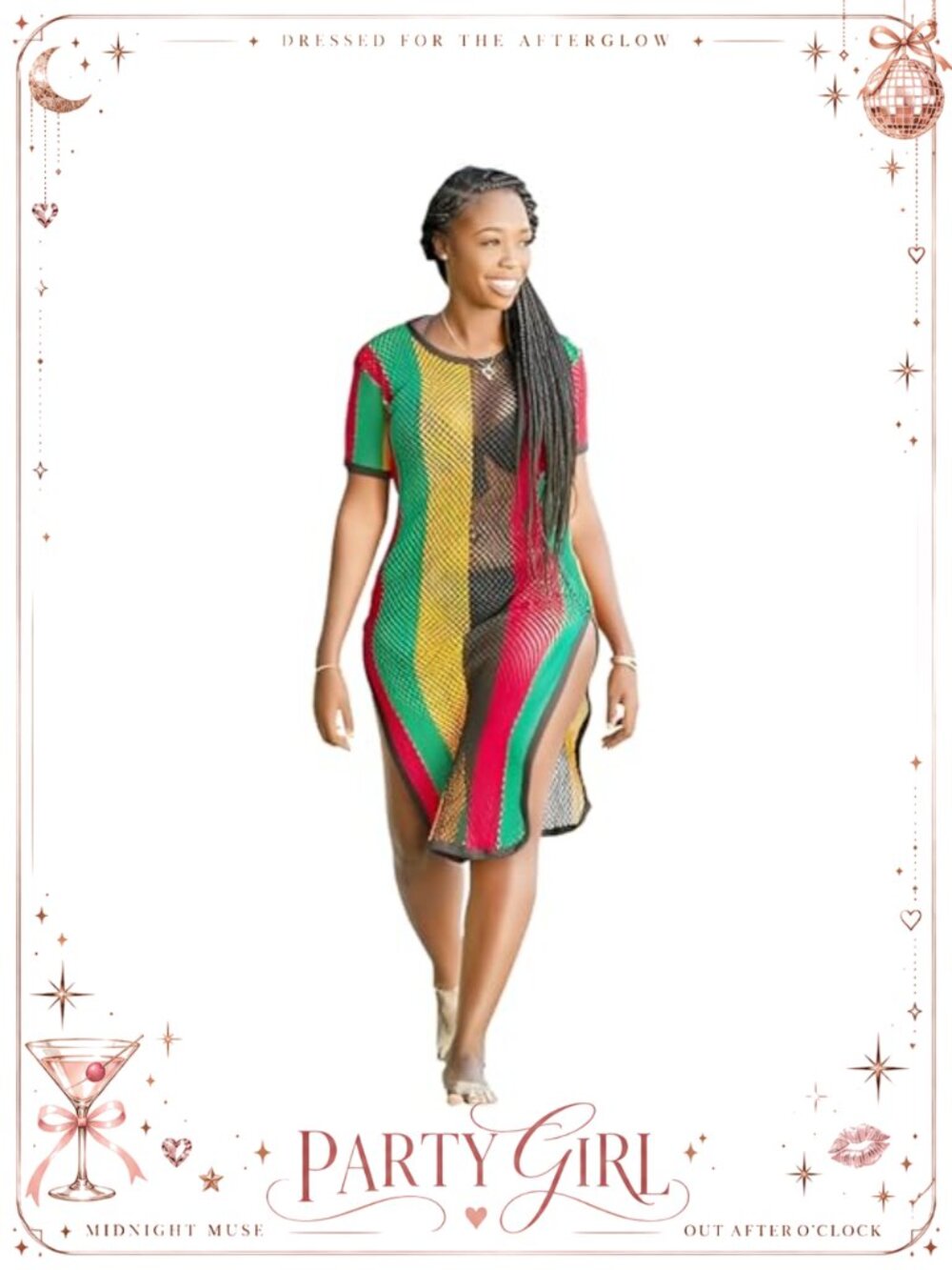 Rasta Mesh Crochet Midi Dress Side Slit Egyptian Cotton Short Sleeve